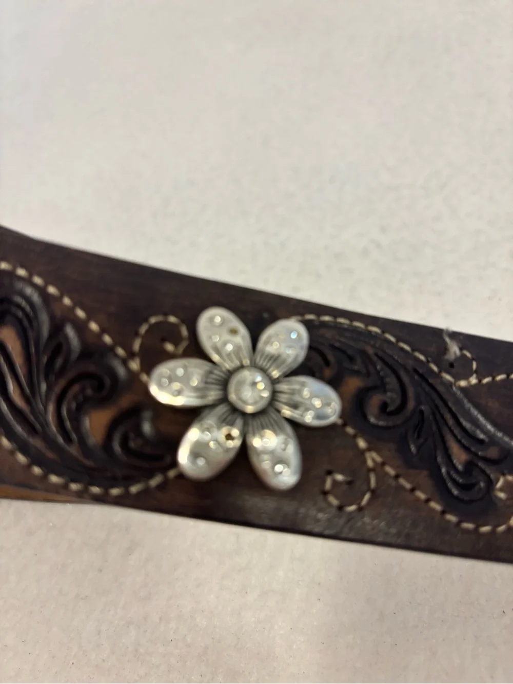 Justin 125 Year Western Leather Belt Rhinestone Buckle Floral Size 40